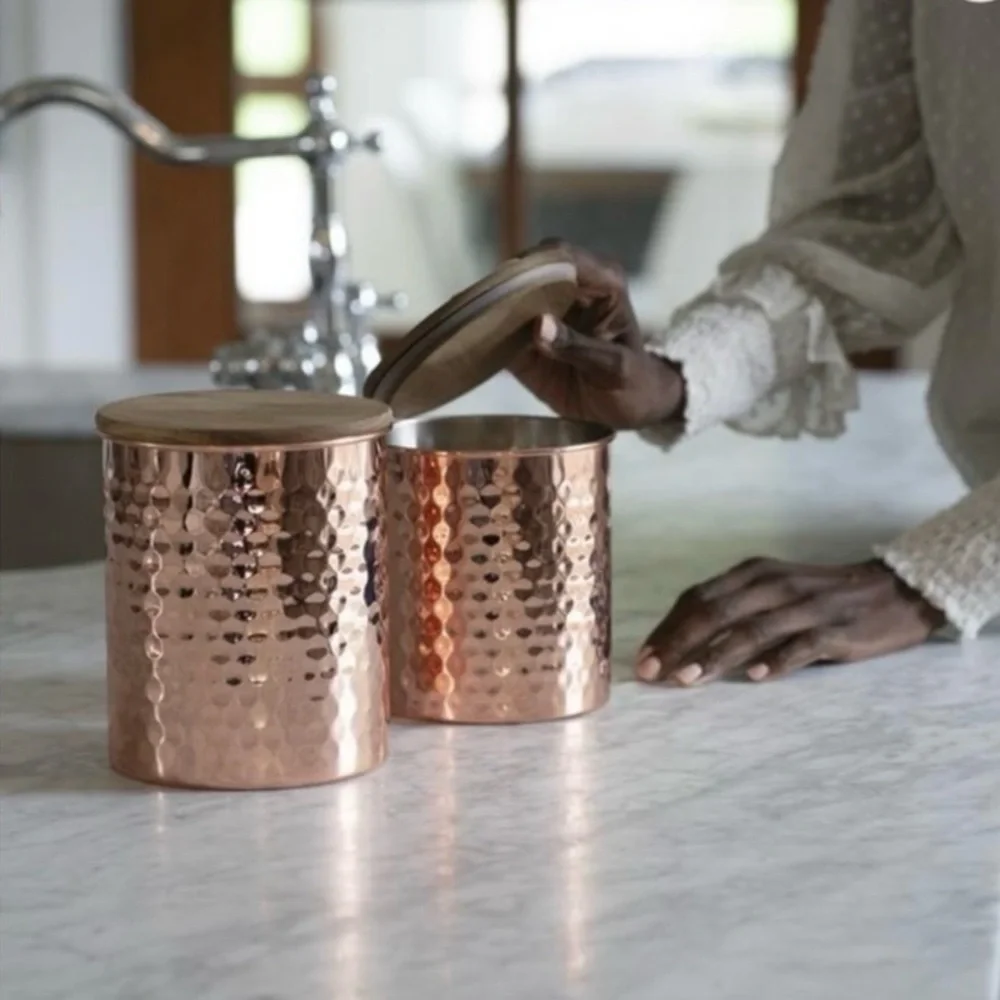 NIB Uncommon James Set of 2 Medium & Large Hammered Copper Canisters Wooden Lids